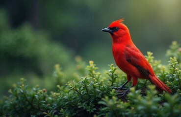Vibrant Scarlet Honeycreeper bird perched on green plant. Adult Iiwi Vestiaria coccinea with bright red plumage. Avian wildlife, beautiful colorful bird. Exotic animal in nature. Forest background.