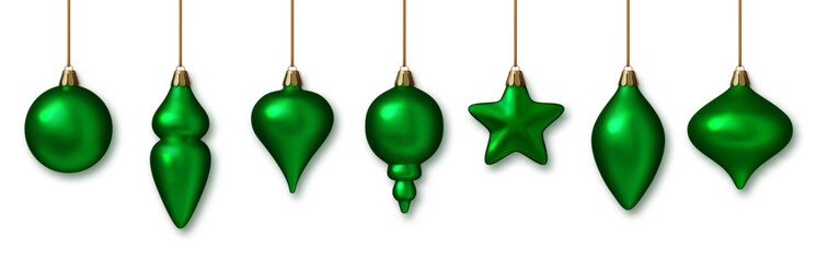 Christmas green baubles realistic set. Shiny 3D ornaments in green metallic colors. Elegant holiday decorations for New Year, Xmas tree, celebration design. PNG