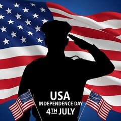 Patriotic Salute A Silhouette of a Soldier Honors Independence Day Under the Waving Glory of the American Flag