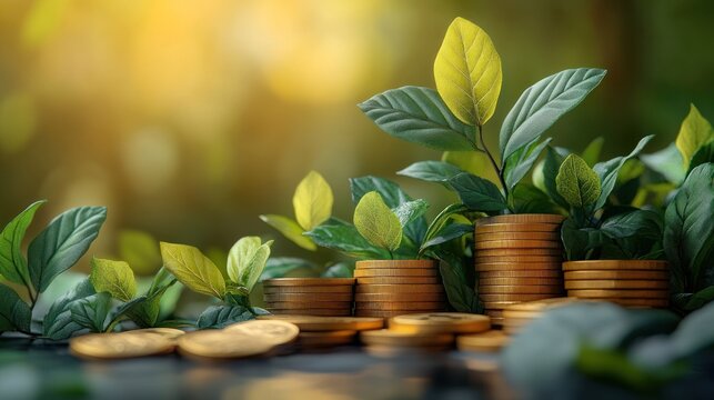 Beige and Green 3D Render of Growth Bar Graph with Coins and Leaves