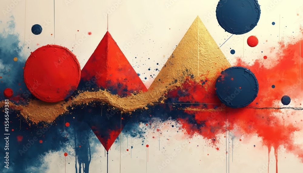 Poster abstract art featuring dynamic shapes colors textures creating energy movement. red gold blue black 