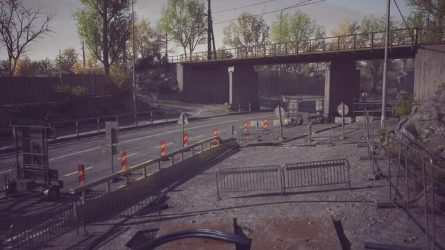 A busy construction site shows barriers and detours around a bridge. Workers are preparing for repairs, while trees with autumn leaves create a serene backdrop for the activity.