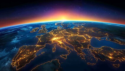 Fototapeta premium Earth from Space Europe Illuminated Cities at Night with Sunrise Horizon image