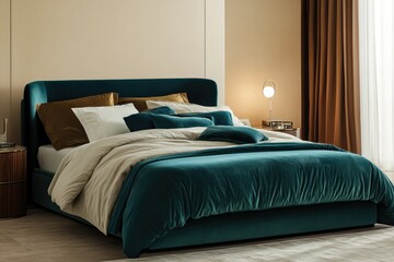 Luxurious teal velvet bed with beige linens, styled in a minimalist, modern bedroom.