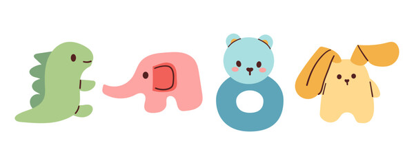 Cute toys for kids set concept. Entertainment and recreation. Inventory for children and playroom. Cartoon flat vector collection isolated on white background. Hand drawn flat illustration .