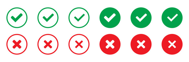 Yes or no symbol, approved or rejected icon. Right or wrong icons. Green tick and red cross checkmarks in circle flat icons  for user interface.