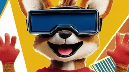 Fox mascot exploring virtual reality world with headset on colorful backdrop