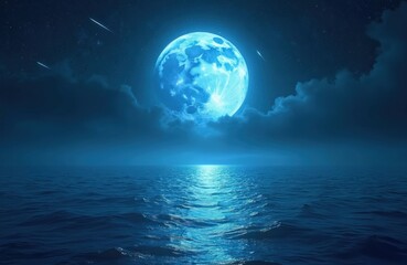 Night scene moon over ocean. Full moon with starry skies above water horizon. Moon reflection on water, creating surreal, romantic, peaceful, dreamlike atmosphere.