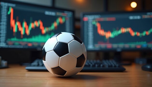 Soccer ball next to stock charts on monitors. Financial market, business graph of investment success failure, analysis. Online betting sport concept, gambling with football. Trading, digital currency - Powered by Adobe