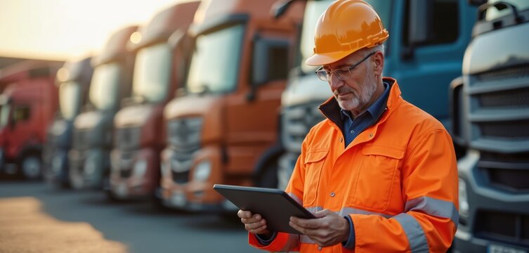 Truck driver uses tablet planning logistics operations front semi truck fleet. Logistics, transport, industry, technology, business, delivery, shipping, freight, warehouse, distribution.