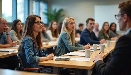 Fototapeta premium Group educators attends pro development workshop. Diverse people listen presentation in modern classroom. Training, education, skill development, learning, study, teamwork, collaboration, discussion,