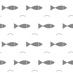 White background with fish. Fishes minimalist vector drawing. Grey fish seamless pattern. Simple seamless black and white Scandinavian trend pattern.
