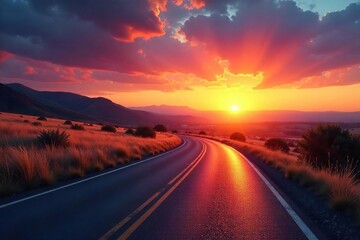 Fototapeta premium Winding Road to Sunset Embracing Adventure and Discovering Lifes Potential