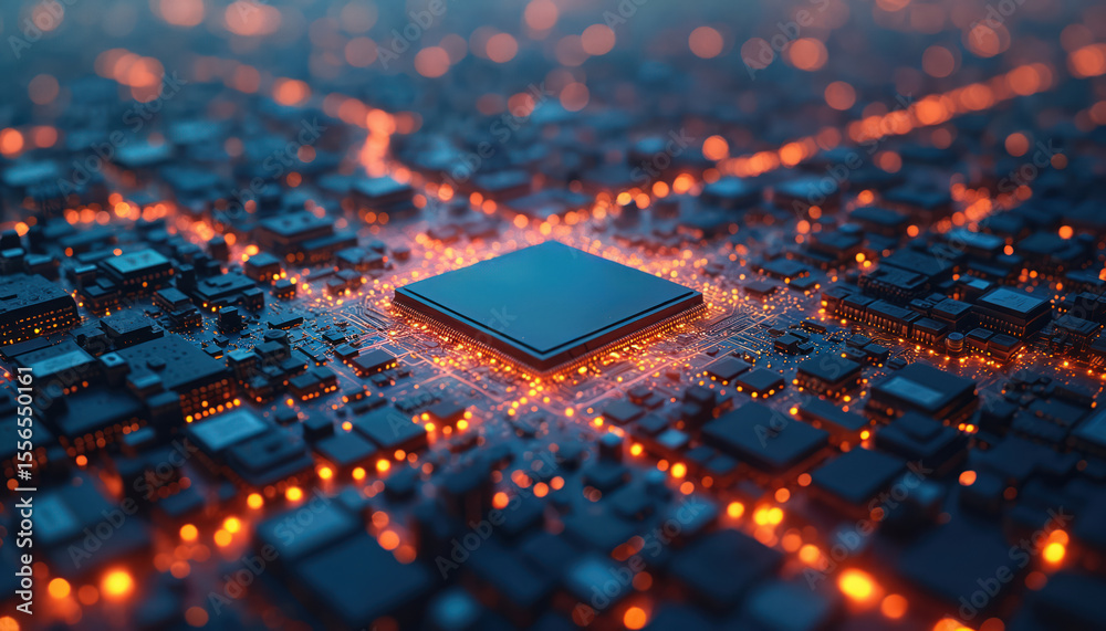 Poster Intricate electronic semiconductor map with glowing lights. Digital circuit board microchip. Futuristic tech background. Processor CPU, modern tech design. High-tech CPU on motherboard. Computing
