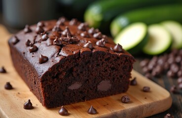 Homemade zucchini chocolate chip cake on wood board. Dessert cake made from fresh vegetables, cocoa powder, chocolate chips. Healthy bread for breakfast. Delicious organic bakery.