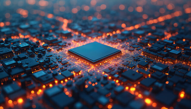 Intricate electronic semiconductor map with glowing lights. Digital circuit board microchip. Futuristic tech background. Processor CPU, modern tech design. High-tech CPU on motherboard. Computing