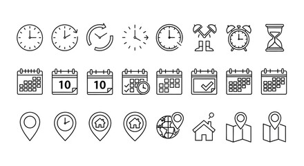Essential vector line icons representing time, date scheduling, and geographical location, perfect for UI/UX design, mobile apps, and website development