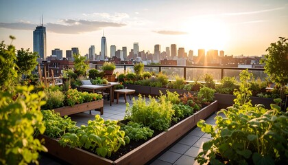 Fototapeta premium Urban rooftop garden at sunset (2)