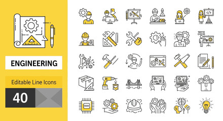 Comprehensive Set of Editable Engineering Line Icons Featuring Tools, Construction, Architecture, Industrial Design, and Innovative Technology Concepts