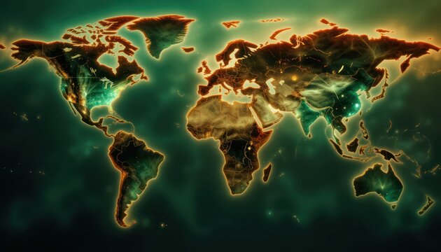 Stylized world map with glowing continents and dark oceans, depicting global interconnectedness.