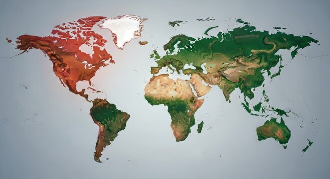 A colorful, topographic map of the world, showcasing continents and oceans.