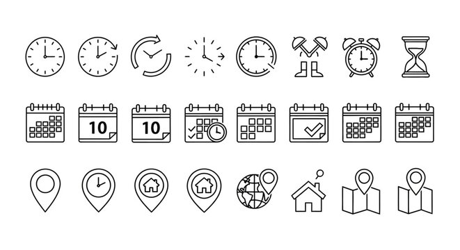 Essential vector line icons representing time, date scheduling, and geographical location, perfect for UI/UX design, mobile apps, and website development
