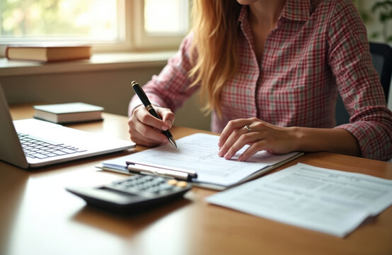 Woman works in office with pen filling documents at desk. Accountant paperwork calculating taxes with laptop, calculator. Financial analysis, business strategy, economy. Budget, planning, report,