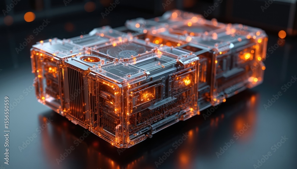 Poster Photorealistic CGI render of quantum computer with intricate cooling systems and advanced components. Sleek futuristic design with orange illumination represents innovation in tech.