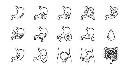 Digestive system and gut health vector icon set, illustrating stomach conditions, pain, and wellness concepts