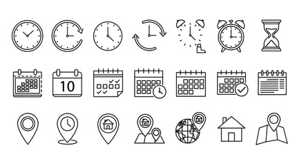 Collection of calendar, clock, and location icons for planning and scheduling