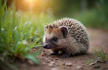 Fototapeta premium Close-up hedgehog in garden. Small wild animal with sharp spines, brown fur. Cute hedgehog in natural environment, looking for food, forest background. Wildlife concept.