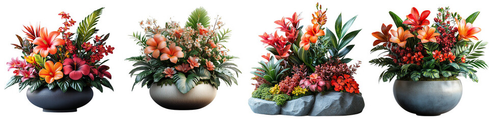 Obraz premium A floral arrangement set featuring exotic flowers and leaves on a transparent background