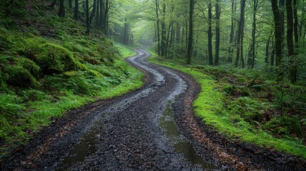 Winding forest road after rain.
