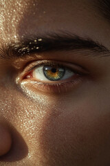 Hyper-Realistic Macro Photo of a Male Eye with Vivid Iris Color, Detailed Skin Texture, Visible Pores, and Natural Lighting