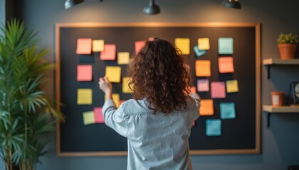 Woman arranging sticky notes on a board. Business concept of planning strategy. Creative process in modern office, brainstorming, setting goals. Effective project management using modern tech.