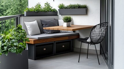 Fototapeta premium Gray bench with wooden table and black wire chair on balcony with green plants in gray planters outdoor seating