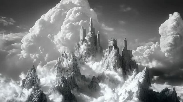 Majestic castle nestled atop snow-capped mountains shrouded in swirling clouds