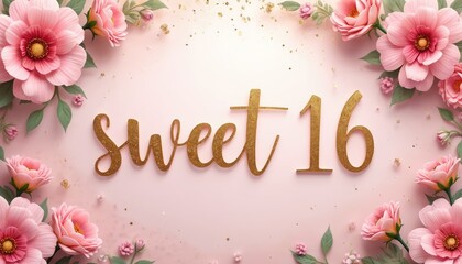 Sweet 16 celebration design featuring flowers, gold text, sparkles. Perfect greeting card, invitation for birthday, youth party, feminine, celebration. Floral background, festive, glamour, happiness.