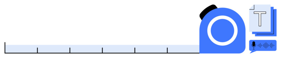 Blue tape measure with ruler extended, accompanied by text cards. Ideal for metrics, design planning, organization, precision, construction, creativity, and simple landing page
