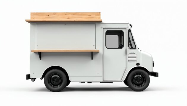 White food truck with wooden top on white background. Black wheels, empty space for logo. Vehicle for mobile cafes, street food businesses. Mockup for design projects related to fast food delivery.