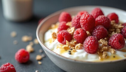 Close-up of breakfast bowl. Creamy Greek yogurt topped with mix of granola fresh raspberries chia seeds drizzle honey. Healthy sweet meal perfect snack. Nutrition food for diet, wellbeing. Natural