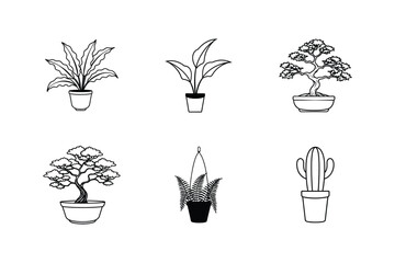 Collection of Line Art Houseplants Potted Plants, Bonsai, and Cactus Illustrations