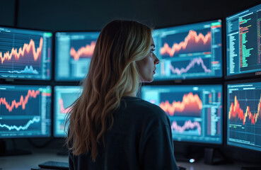 Female data analyst focused on multiple monitors displaying complex financial charts. Woman in dark office analyzes stock market data. Business professional working with charts graphs. Data analysis.