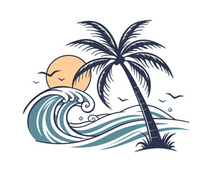 Tropical Beach Sunset Scene with Palm Tree and Ocean Waves