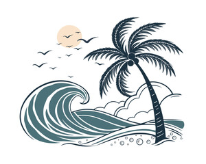 Stylized Palm Tree on Beach with Ocean Waves and Birds