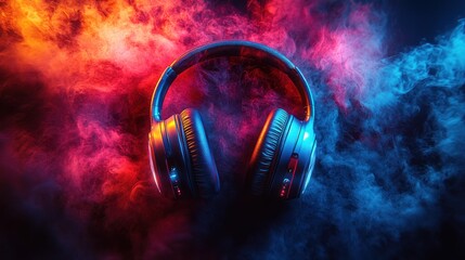 Fototapeta premium Blue Headphones in Red Swirl on Dark Background - Music Concept Art with Vibrant Colors and Abstract Design