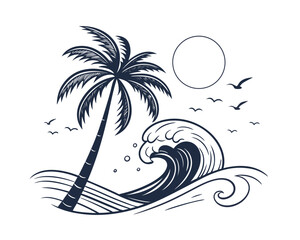 Hand Drawn Tropical Beach Scene with Palm Tree and Ocean Wave