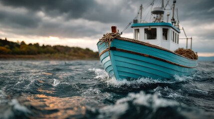 Obraz premium Fishing boat caught in a raging storm with rough seas and dark skies