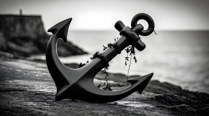 Large ship anchor resting on shoreline captured in black and white high contrast nautical mood © PrismaVibe Studio 