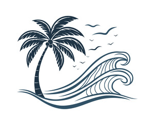Stylized Palm Tree and Ocean Waves with Birds Illustration